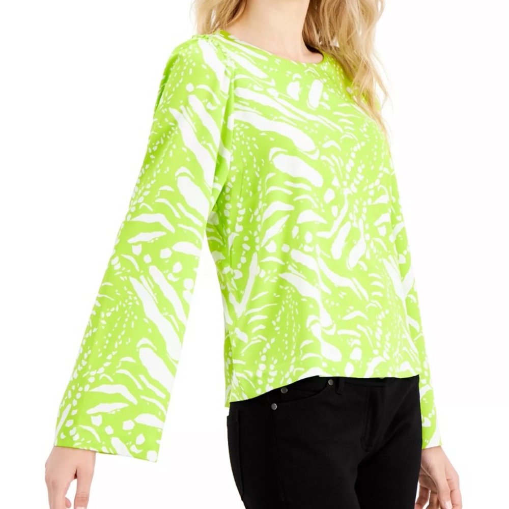 Alfani Petite Printed Flared-Sleeve Top in Lime Green